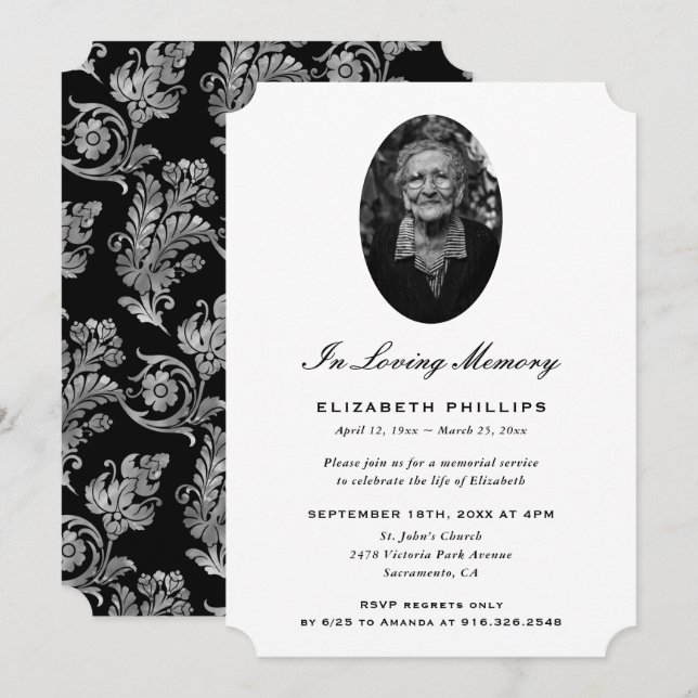 Elegant Black Silver Photo Memorial Inbjudningar (Fram/baksida)