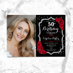 Elegant Black Silver Red Photo 50:e födelsedagen Inbjudningar<br><div class="desc">Elegantens blommigt 50-årsinbjudan med ditt foto. Glam svart röd design med faux glitter silver. Funktioner röd ros, typsnitt för skript och konfiguration. Perfekt för en snyggt vuxen under firande party. Anpassa med dina egna detaljer. Kan anpassas för vilken ålder som helst! Skrivna Zazzle-inbjudningar eller digital utskrivbar mall för omedelbar nedladdning....</div>