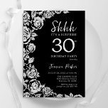 Elegant Black Silver Ro Surprise 30års födelsedag Inbjudningar<br><div class="desc">Svarta silver blommigt,  överraskande 30års födelsedag-inbjudan. Elegantens utformning med ro,  faux silver-folie och typsnitt för typsnitt. Trendig inbjudan-kortets perfekt för en snyggt kvinnlig dag firande. Kan anpassas till vilken ålder som helst. Skrivna Zazzle-inbjudningar eller digital utskrivbar mall för omedelbar nedladdning.</div>