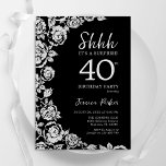 Elegant Black Silver Ro Surprise 40:e födelsedagen Inbjudningar<br><div class="desc">Black silver blommigt överraskade 40-årsfestinbjudan. Elegantens utformning med ro,  faux silver-folie och typsnitt för typsnitt. Trendig inbjudan-kortets perfekt för en snyggt kvinnlig dag firande. Kan anpassas till vilken ålder som helst. Skrivna Zazzle-inbjudningar eller digital utskrivbar mall för omedelbar nedladdning.</div>