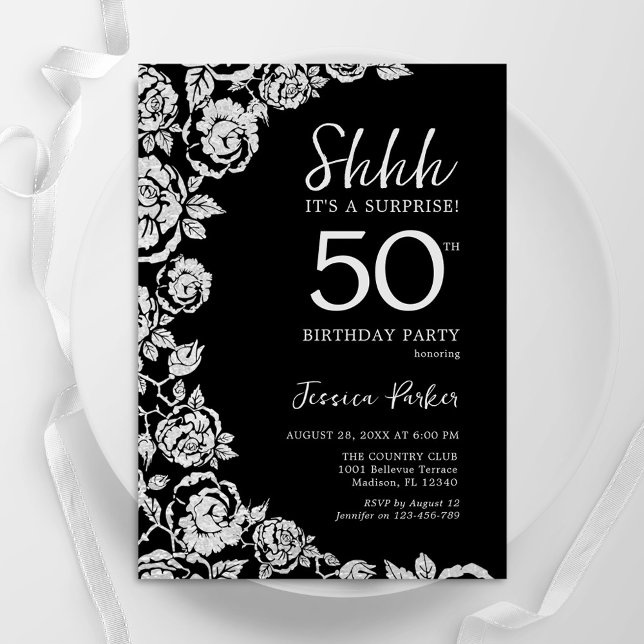 Elegant Black Silver Ro Surprise 50:e födelsedagen Inbjudningar (Skapare uppladdad)