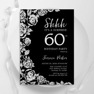 Elegant Black Silver Ro Surprise 60:e födelsedagen Inbjudningar