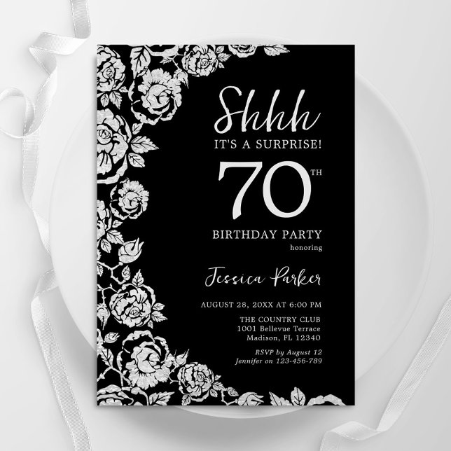 Elegant Black Silver Ro Surprise 70:e födelsedagen Inbjudningar (Skapare uppladdad)