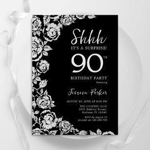 Elegant Black Silver Ro Surprise 90:e födelsedag Inbjudningar