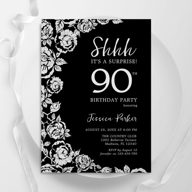 Elegant Black Silver Ro Surprise 90:e födelsedag Inbjudningar (Skapare uppladdad)