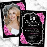 Elegant Black Silver Rosa Photo 50:e födelsedagen Inbjudningar<br><div class="desc">Elegantens blommigt 50-årsinbjudan med ditt foto på baksidan av kortet. Glam Black and rosa design med faux glitter silver. Funktioner rosa ros, typsnitt för skript och konfiguration. Perfekt för en snyggt vuxen under firande party. Anpassa med dina egna detaljer. Kan anpassas för vilken ålder som helst! Skrivna Zazzle-inbjudningar eller digital...</div>