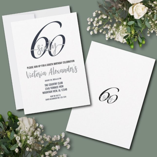 Elegant Black Silver Script 60th Birthday  Inbjudningar (Elegant Black Silver 60th Birthday Invitation)
