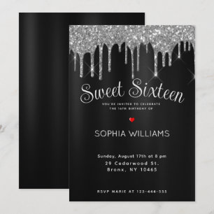 Elegant Black & Silver Sweet sixteen Anpassningsba Inbjudningar