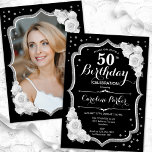 Elegant Black Silver White Photo 50:e födelsedagen Inbjudningar<br><div class="desc">Elegantens blommigt 50-årsinbjudan med ditt foto på baksidan av kortet. Glam svart och vit design med faux glitter silver. Funktioner vit ros, typsnitt för skript och konfiguration. Perfekt för en snyggt vuxen under firande party. Anpassa med dina egna detaljer. Kan anpassas för vilken ålder som helst! Skrivna Zazzle-inbjudningar eller digital...</div>