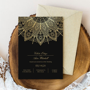 Elegant Black Simple Guld Mandala Bröllop Inbjudningar