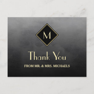 Elegant Black Simple med Guld Monogram Tack Vykort