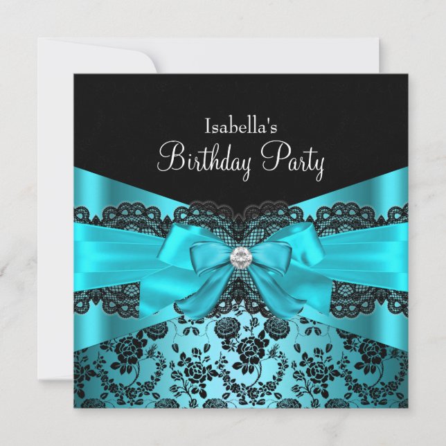 Elegant Black Snöre & Bow Teal Birthday-inbjudan Inbjudningar (Framsida)
