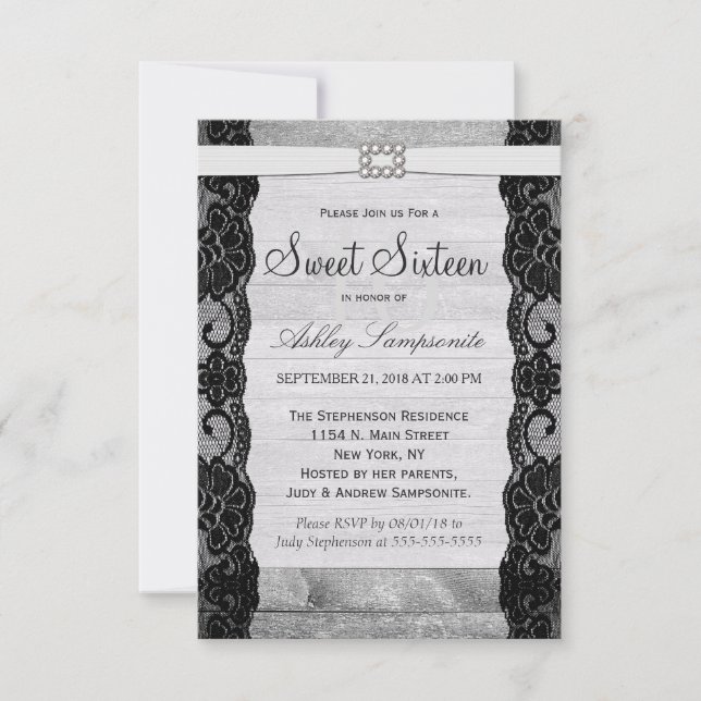 Elegant Black Snöre, Rustic Wood och Diamonds Inbjudningar (Framsida)