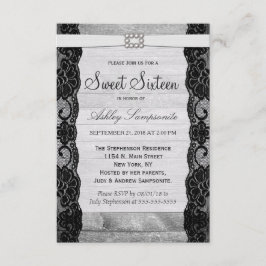 Elegant Black Snöre, Rustic Wood och Diamonds Inbjudningar