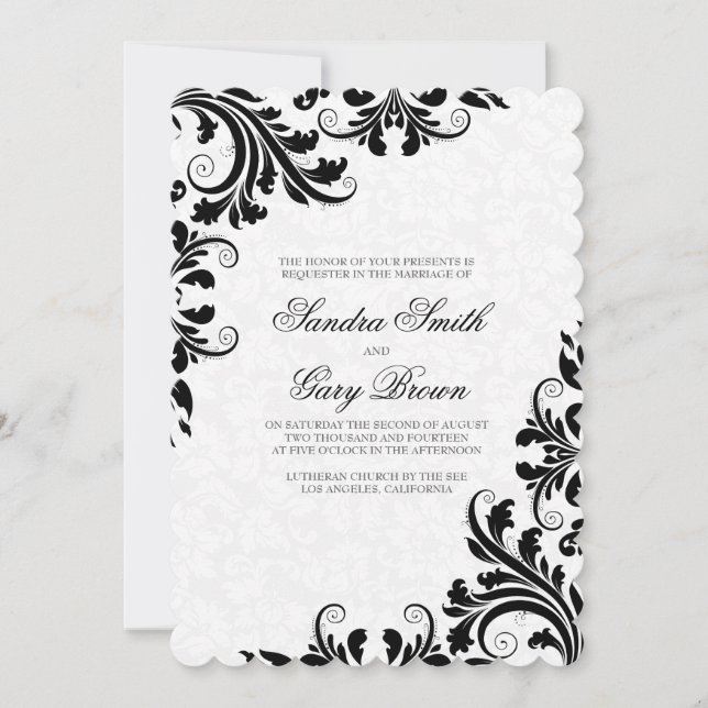 Elegant Black Snöre White Damask Bröllop Inbjudningar (Framsida)