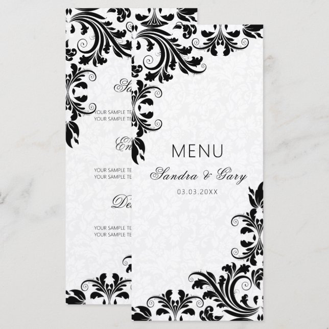 Elegant Black Snöre White Damasks Meny (Fram/baksida)