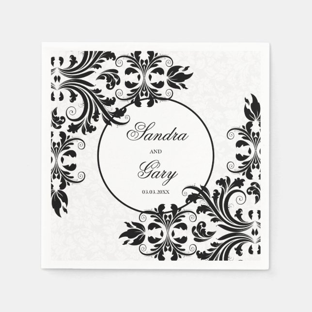 Elegant Black Snöre White Damasks Pappersservett (Framsidan)