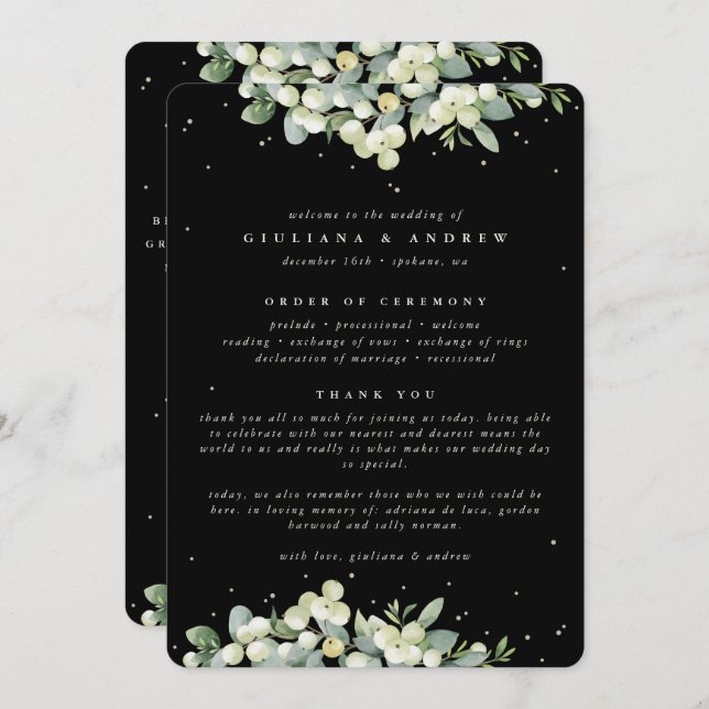 Elegant Black Snowberry+Eucalyptus Winter Wedding Program (Fram/baksida)