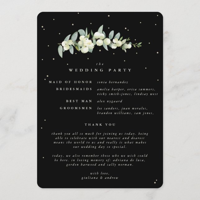 Elegant Black Snowberry+Eucalyptus Winter Wedding Program (Baksida)
