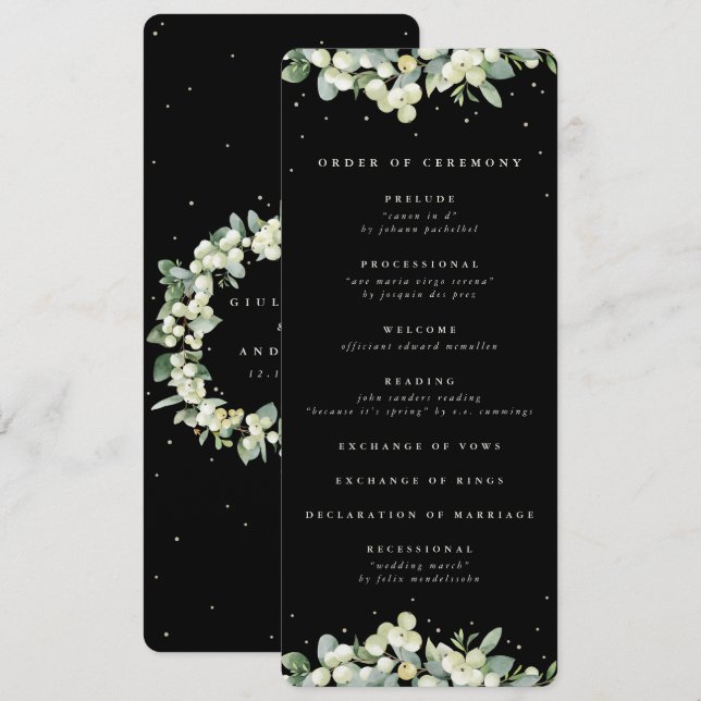 Elegant Black Snowberry+Eucalyptus Winter Wedding Program (Fram/baksida)