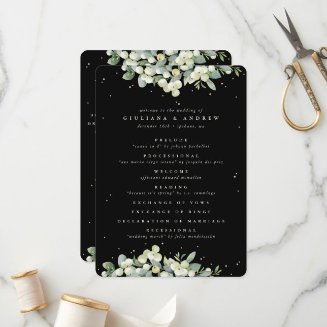 Elegant Black Snowberry+Eucalyptus Winter Wedding Program (Fram/Back In Situ)