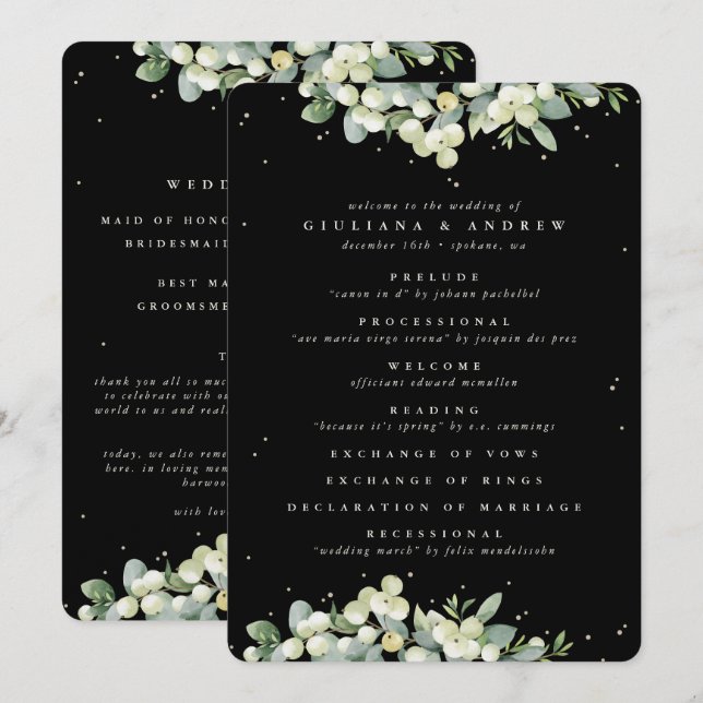 Elegant Black Snowberry+Eucalyptus Winter Wedding Program (Fram/baksida)