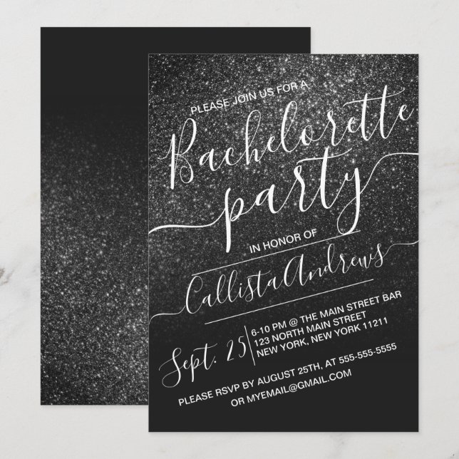 Elegant Black Sparkly Glitter Ombre Bachelorette Inbjudningar (Fram/baksida)