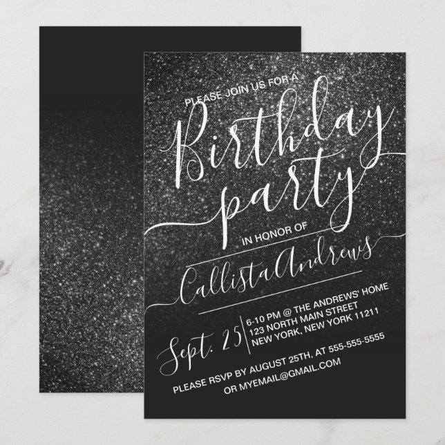 Elegant Black Sparkly Glitter Ombre Birthday Inbjudningar (Fram/baksida)