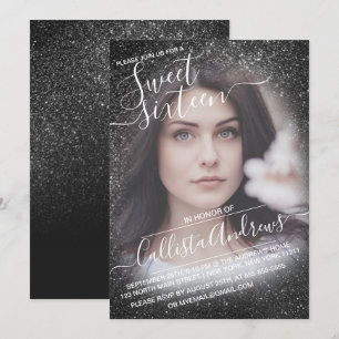 Elegant Black Sparkly Glitter Ombre Photo Sweet 16 Inbjudningar