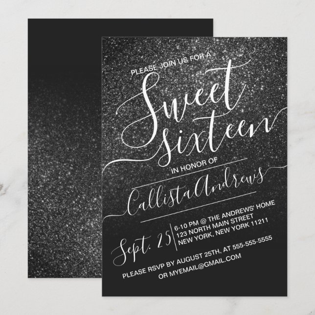 Elegant Black Sparkly Glitter Ombre Sweet 16 Inbjudningar (Fram/baksida)