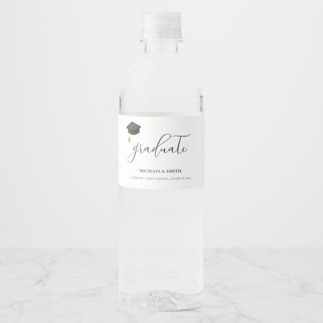 Elegant Black Studentmössa-skript High School Vattenflaskor Etikett (Framsida)