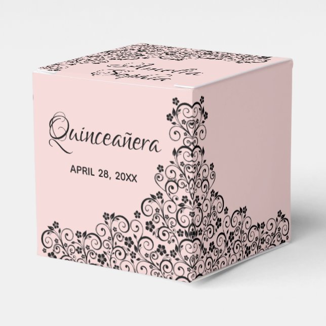 Elegant Black Swirls på  Rosa Quinceañera Presentaskar (Framsidan Sidan)