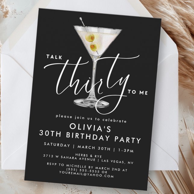 Elegant Black “Talk Thirty to Me” Martini 30th Inbjudningar (Skapare uppladdad)