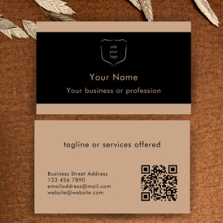 Elegant Black & Tan Logo QR Code Professional Visitkort