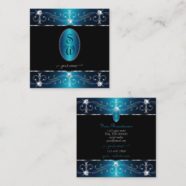 Elegant Black Teal Blue Ornate Ornaments Initialer Fyrkantigt Visitkort (Fram/baksida)