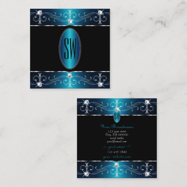 Elegant Black Teal Blue Ornate Ornaments Monogram Fyrkantigt Visitkort (Fram/baksida)
