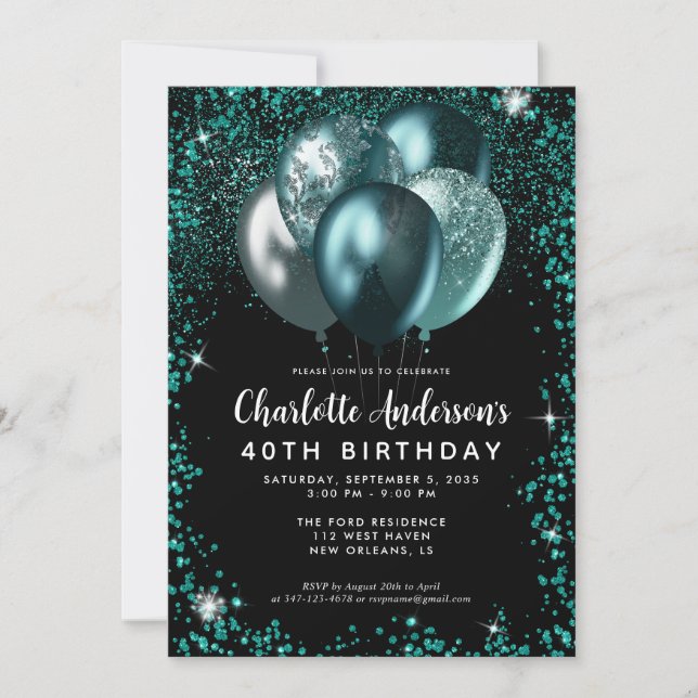 Elegant Black Teal Grönt Glitter Balloon Birthday Inbjudningar (Framsida)