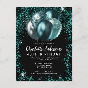 Elegant Black Teal Grönt Glitter Balloon Birthday Vykort