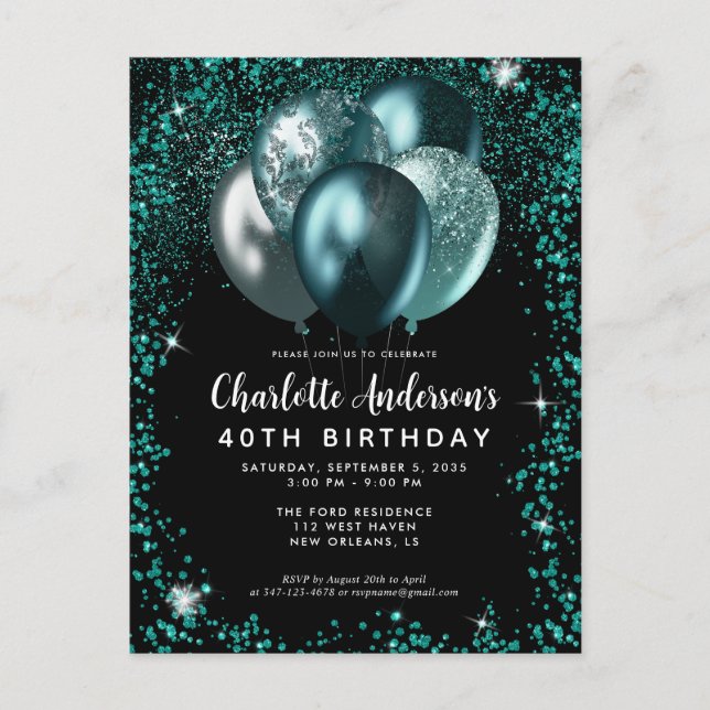 Elegant Black Teal Grönt Glitter Balloon Birthday Vykort (Framsida)