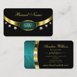 Elegant Black Teal Guld med Monogram och diamanter Visitkort