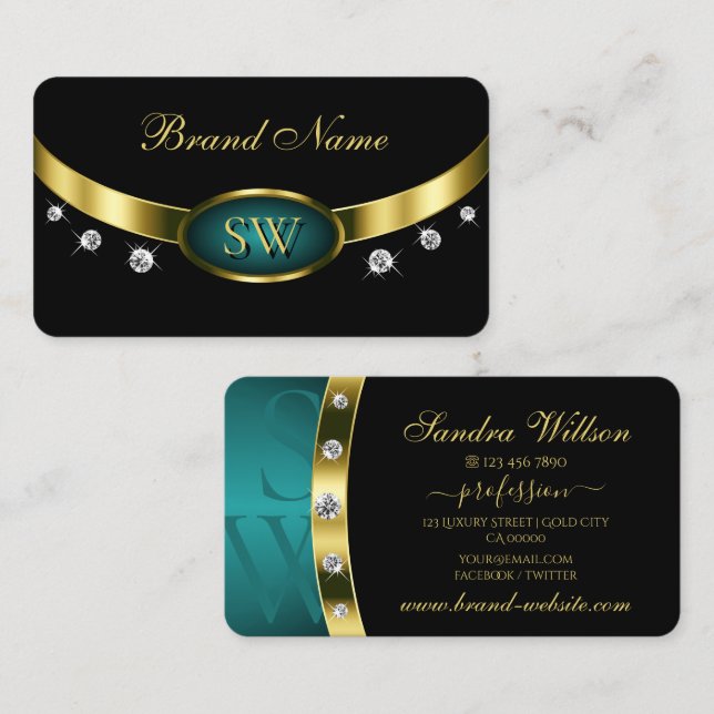 Elegant Black Teal Guld med Monogram och diamanter Visitkort (Fram/baksida)
