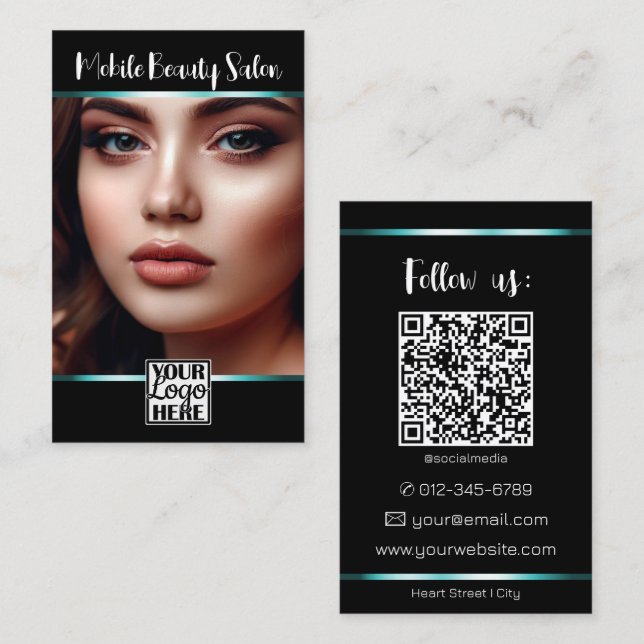 Elegant Black Teal Logotyp Photo QR-kodmall Visitkort (Fram/baksida)