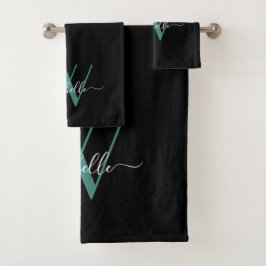 Elegant Black Teal Monogram Namn Script Bath Towel