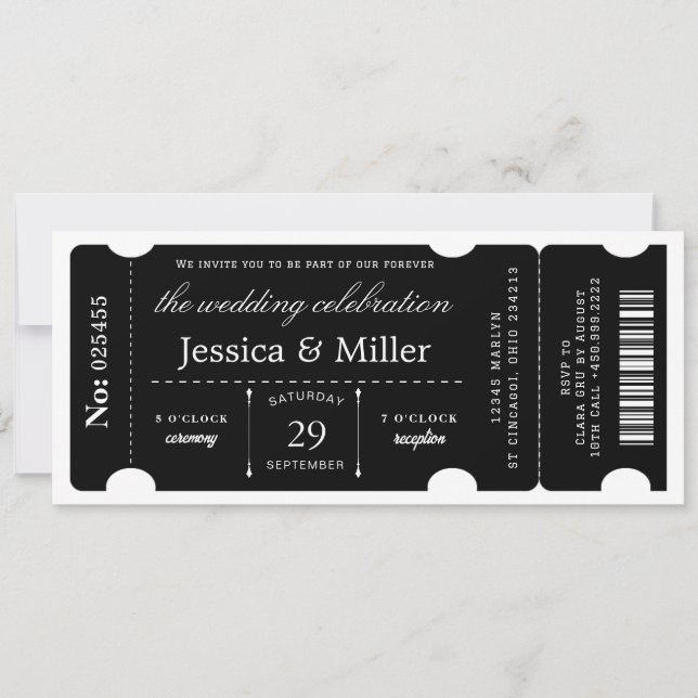 Elegant Black Ticket Wedding Invitation Inbjudningar (Framsida)
