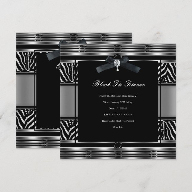 Elegant Black Tie Middag Zebra Silver svart Inbjudningar (Fram/baksida)