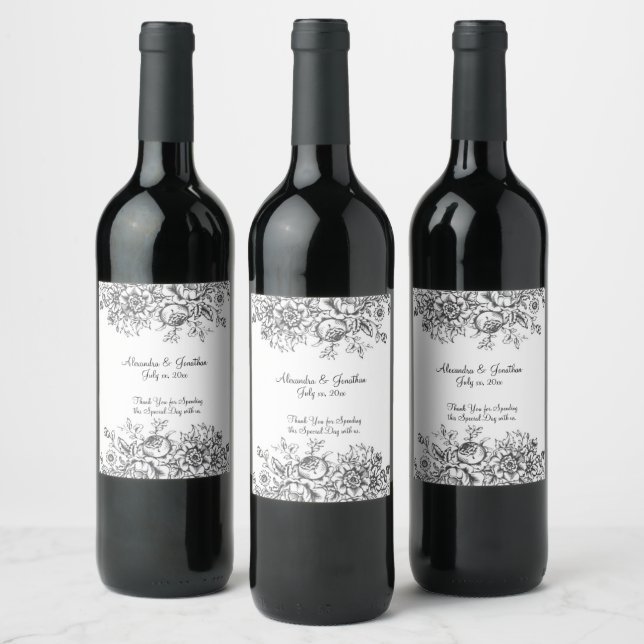Elegant Black Toile-Blommigt Vinflaska Etikett (Flaskor)