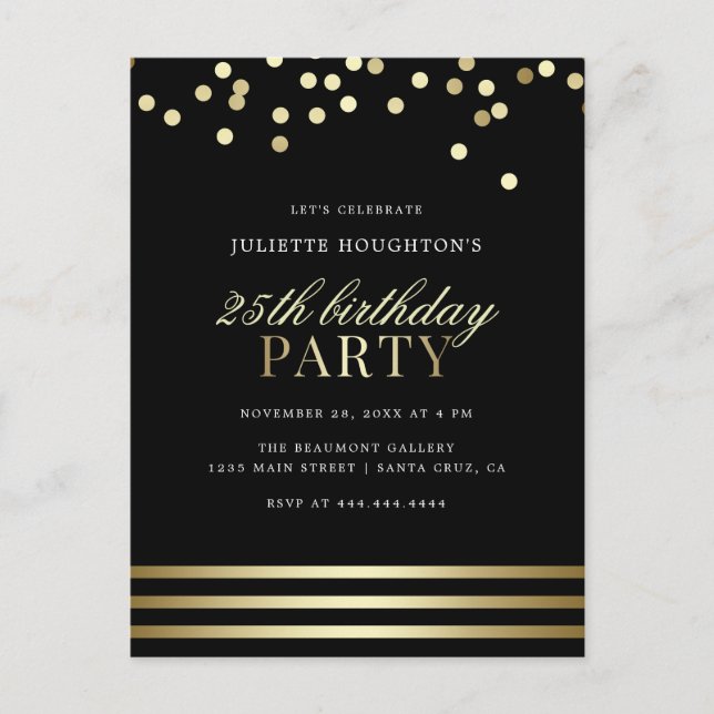 Elegant Black Trendig Confetti Glossy Birthday Inbjudan Vykort (Framsida)