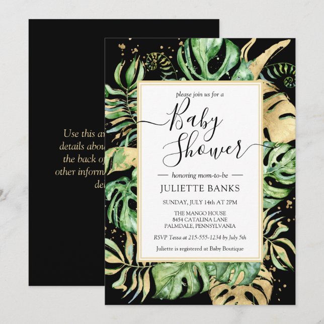Elegant Black Tropical Gender Neutral Baby Shower Inbjudningar (Fram/baksida)