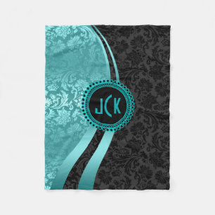 Elegant Black & Turquota Blommigt Damasks Monogram Fleecefilt