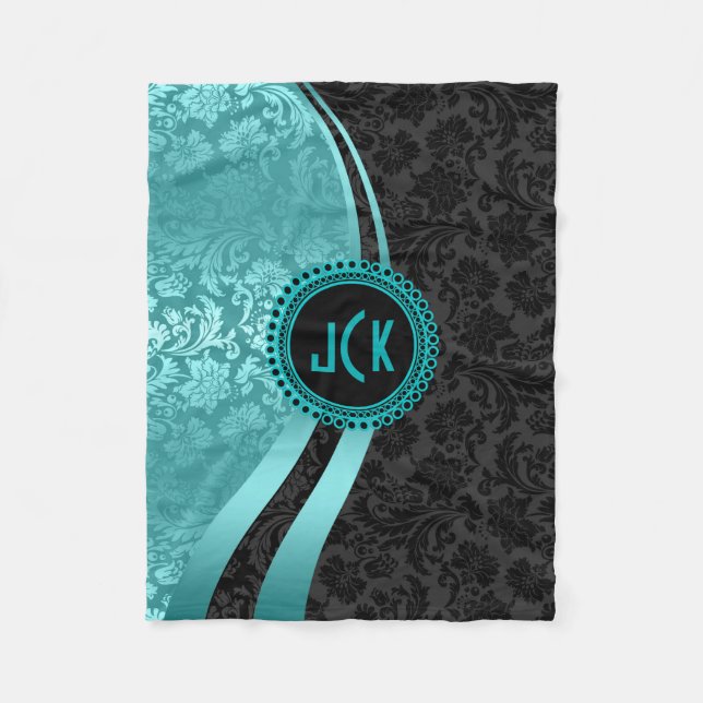Elegant Black & Turquota Blommigt Damasks Monogram Fleecefilt (Framsidan)